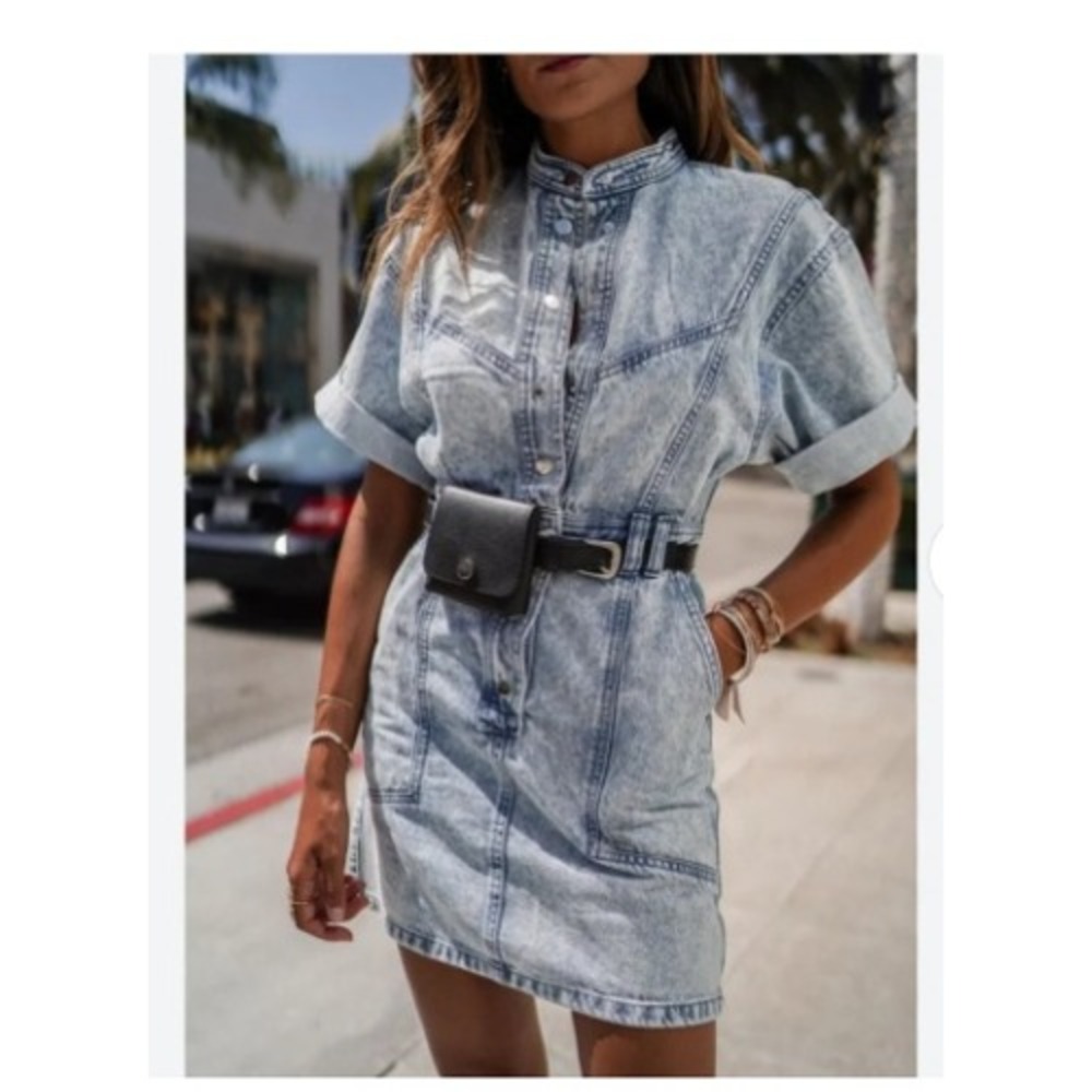 Topshop Acid Wash Denim Mini Dress Light Blue Short Sleeve Button Up Size 8